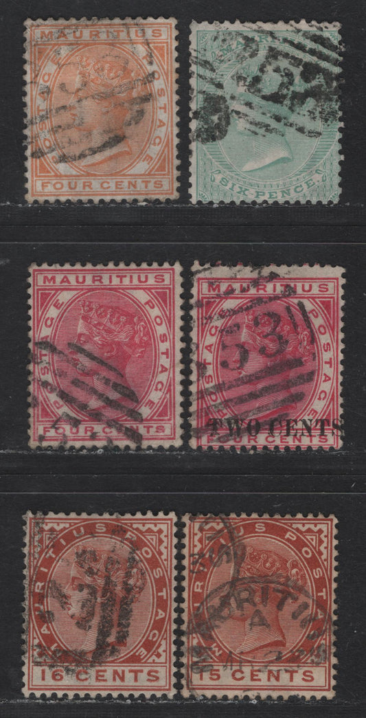 Lot 253 Mauritius SG#65, 93, 118, 105, 107, 109 6c - 16c Blue Green - Chestnut Queen Victoria, 1863-1894 Queen Victoria Keyplates, 6 Very Good/Fine Used Singles, Crown CC Wmk