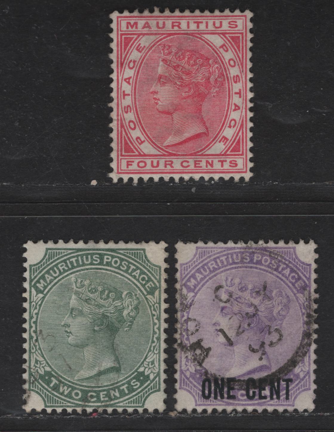 Lot 254 Mauritius SG#103, 105, 123 2c - 4c Green - Carmine Queen Victoria, 1883-1893 Queen Victoria Keyplates, 3 Very Fine Used Singles, Crown CA Wmk