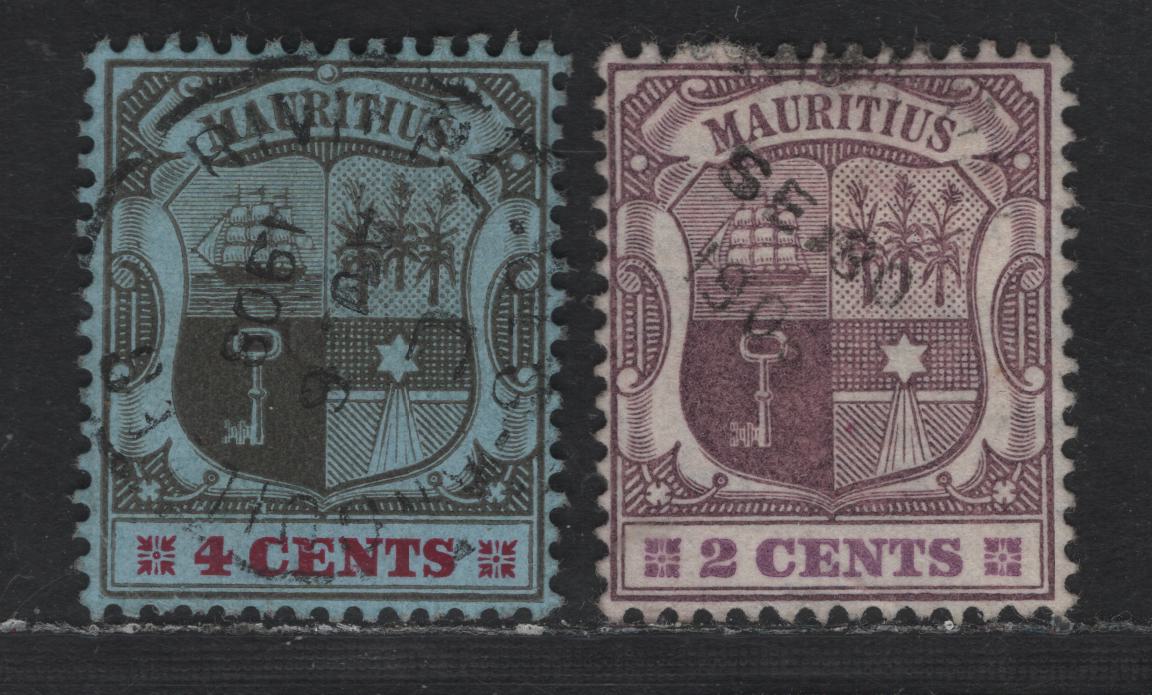 Lot 256 Mauritius SG#165, 167a 2c - 4c Dull & Bright Purple - Black & Carmine on Blue Arms, 1904-1907 Arms Keyplates, 2 Very Fine Used Singles, 2c On Ordinary Paper, 4c On Chalk Surfaced Paper, Multiple Crown CA Wmk.