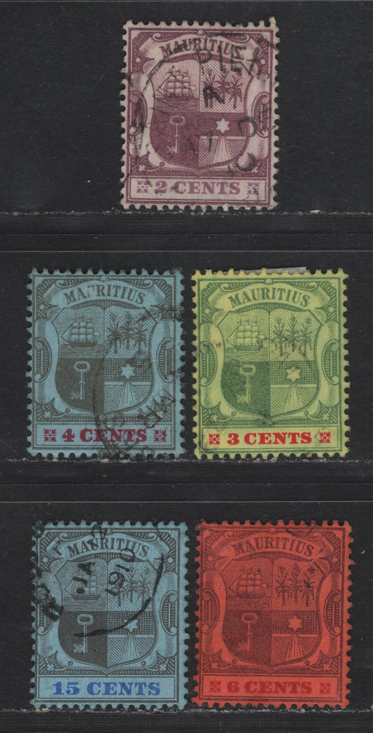 Lot 257 Mauritius SG#165a, 166-168, 171 2c - 15c Dull & Bright Purple - Black & Blue on Blue Arms, 1904-1907 Arms Keyplates, 5 Fine/Very Fine Used Singles, 2c On Chalky Paper, Multicple Crown CA Wmk