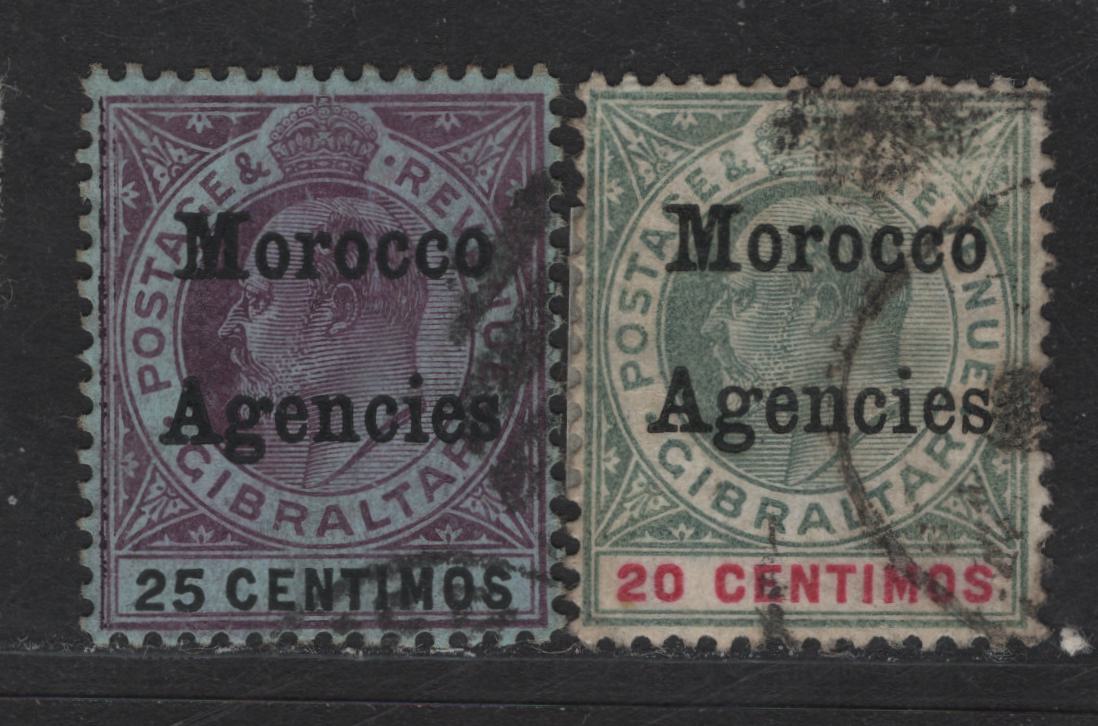 Lot 262 Morocco Agencies SG#26-27 20c - 25c Gray Green & Carmine - Purple & Black On Blue King Edward VII, 1905-1906 King Edward Vii Overprinted Issue, 2 Fine/Very Fine Used Singles, Multiple Crown CA Wmk
