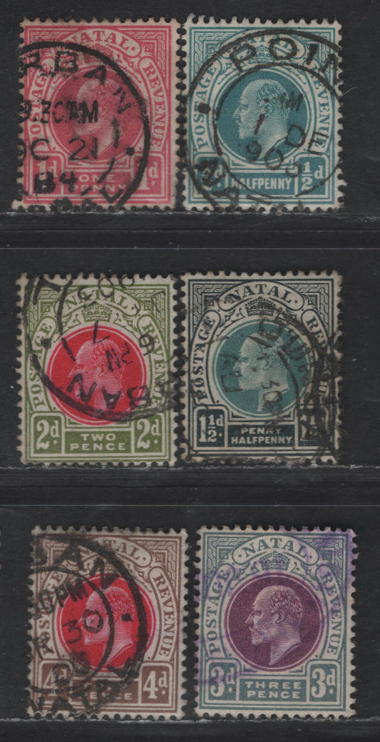 Lot 264 (C) Natal SG#127-130, 132-133 1/2d - 4d Blue Green - Carmine & Cinnamon King Edward VII, 1902-1903 King Edward VII Issue, 6 Fine/Very Fine Used Singles, Crown CA Wmk