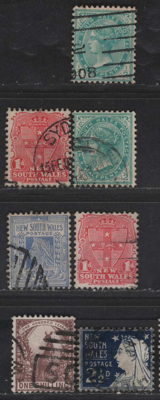 Lot 268 (C) New South Wales SG#333,b, 334-35, 337, 348 1/2d - 1/- Blue Green - purple brown Arms, Queen Victoria - Centenary Designs, 1905-1910 Arms, Queen Victoria & Centenary Issues, 6 Fine/Very Fine Used Singles, Crown over A Wmk, Perf 12x11/5