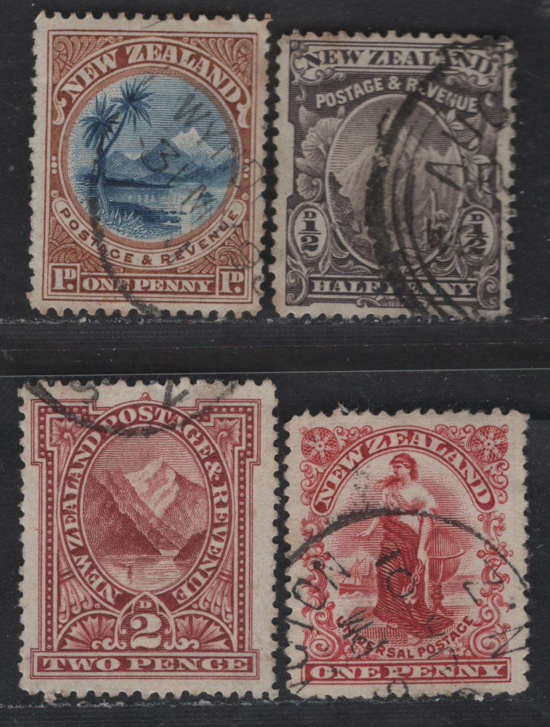 Lot 270 New Zealand SG#246b, 27-248, 277 1/2d - 1d Purple Slate - Carmine Mount Cook or Aorangi - Woman, 1898-1901 Pictorial - Universal Penny Postage Issues, 4 Very Fine Used Singles, Unwatermarked, Perf 12-16