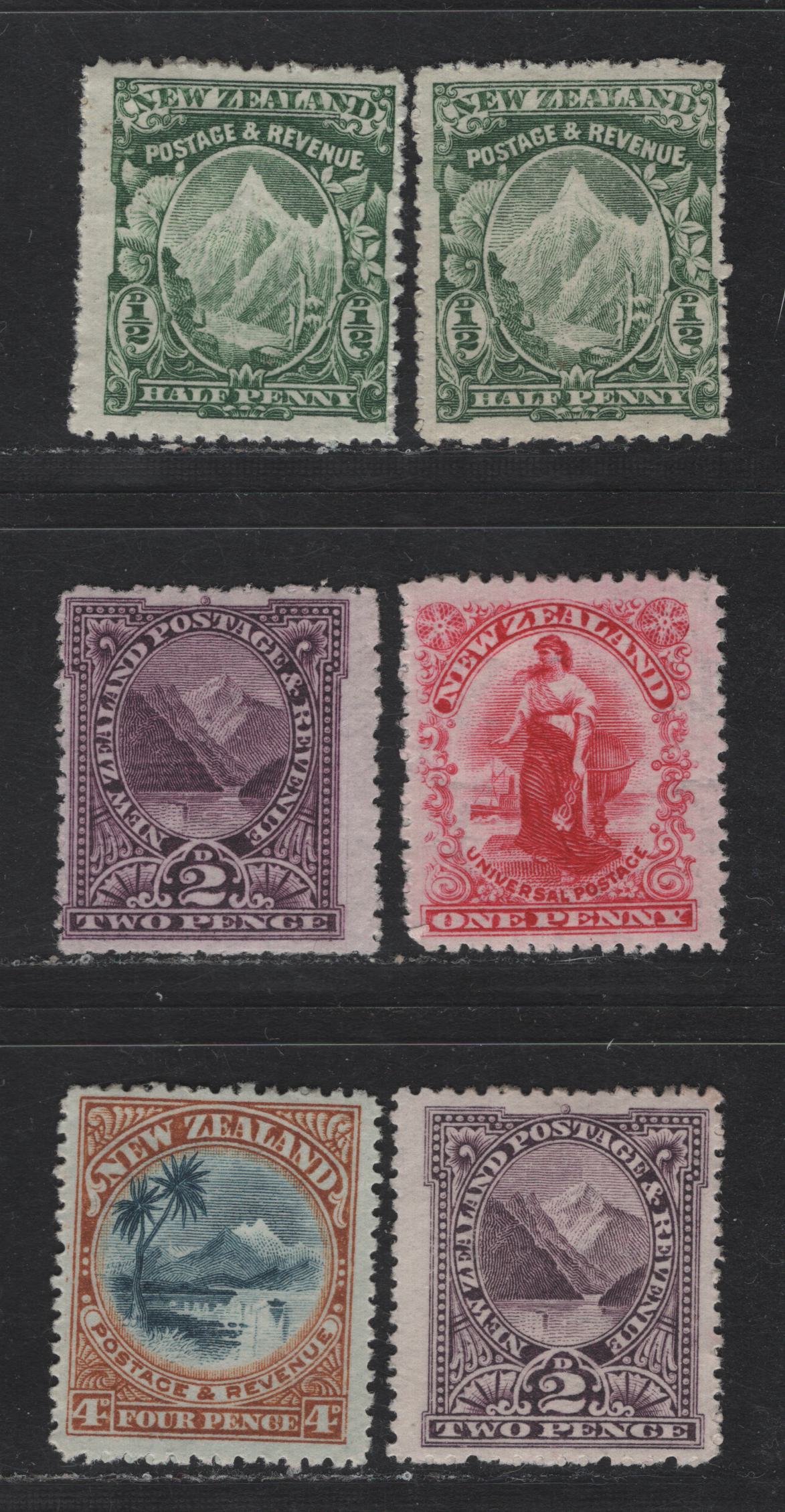 Lot 275 New Zealand SG#302b, 303, 319-a, 322e 1/2d - 4d Deep Green - Blue & Ochre Mount Cook - Lake Taupo & Mount Ruapehu, 1902-1907 Pictorial Issue, 5 FOG Singles, Single Wmk, Perf 14, Thin Cowan Paper.