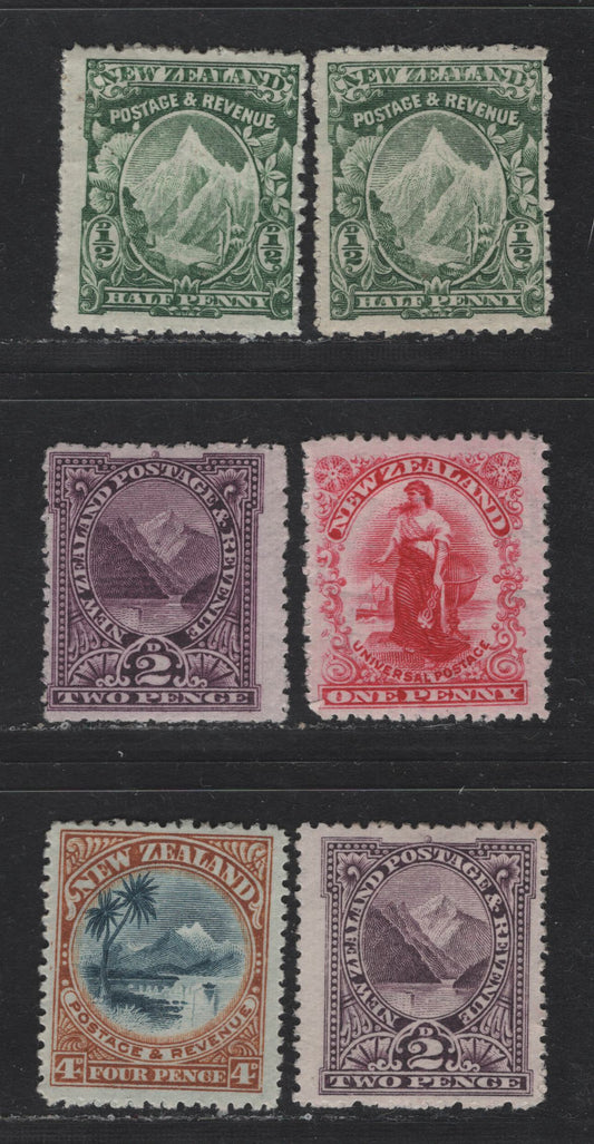 Lot 275 New Zealand SG#302b, 303, 319-a, 322e 1/2d - 4d Deep Green - Blue & Ochre Mount Cook - Lake Taupo & Mount Ruapehu, 1902-1907 Pictorial Issue, 5 FOG Singles, Single Wmk, Perf 14, Thin Cowan Paper.