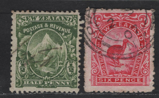 Lot 284  (C) New Zealand SG#376, 377a 1/2d - 6d Yellow Green - Carmine Pink Mount Cook - Brown Kiwi, 1907-1908 Re-Engraved Pictorials, 2 Fine Used Singles, Line Perf 14 & Comb 14x13.5