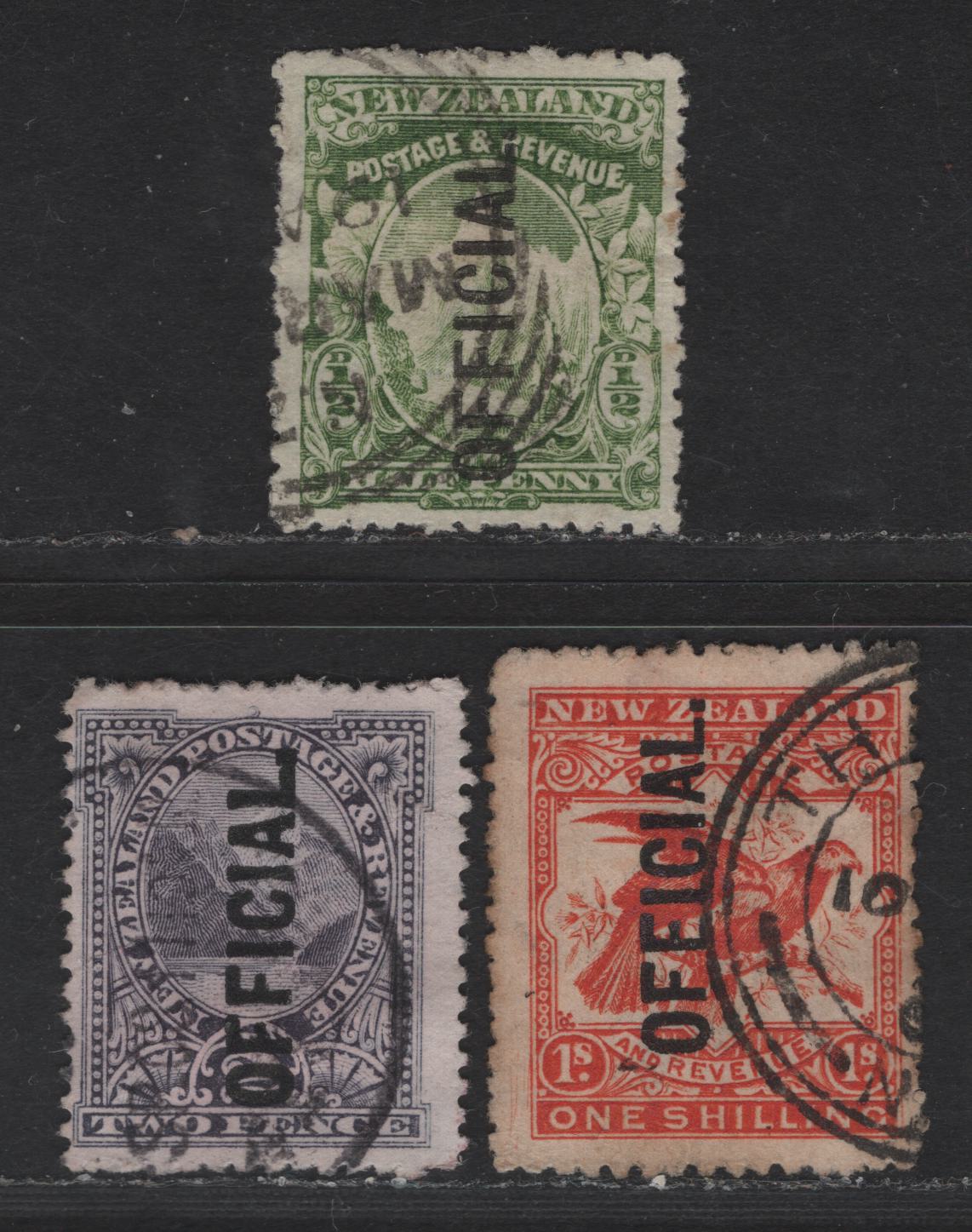 Lot 287  (C) New Zealand SG#O59, O61, O65 1/2d - 1/- Yellow Green - Orange Red Mount Cook - Kea & Kaka, 1907-1911 Pictorials With Official Overprints, 3 Fine/Very Fine Used Singles