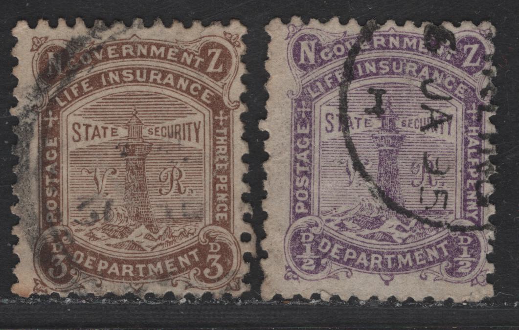 Lot 289 New Zealand SG#L1, L4 1/2d - 3d Deep Brown - Purple Lighthouse, 1891-1898 Life Insurance Department, 2 Fine Used Single, Star & NZ Wmk With Narrow Space, Perf 12x11.5