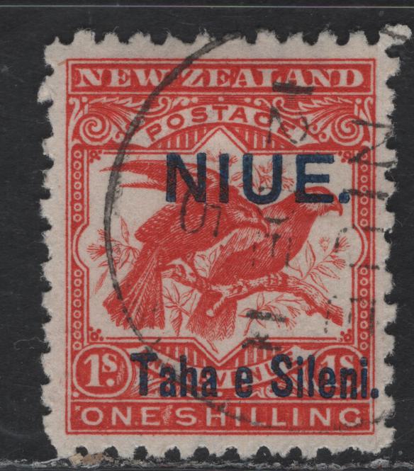 Lot 291  (C) Niue SG#16a 1/- Orange Red Kea & Kaka, 1903 Pictorial Overprinted Issue, A Very Fine Used Single, Perf 11
