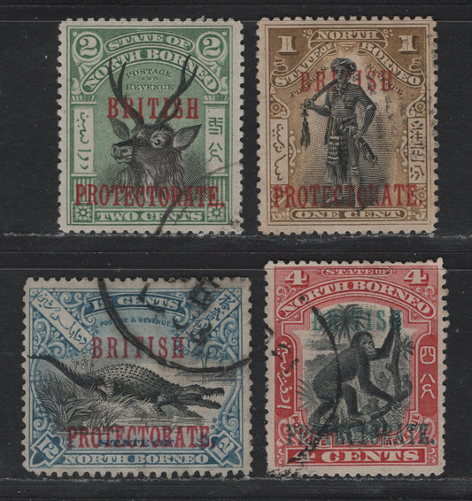 Lot 295 North Borneo SG#127-128, 130, 135 1c - 12c Bistre Brown & Black - Dull Blue & Black Sambar Stag - Crocodile, 1901-1905 British Protectorate Overprints, 4 Fine/Very Fine Used Singles
