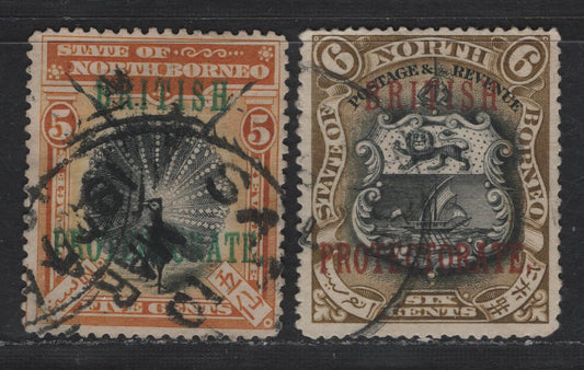 Lot 296 North Borneo SG#131a, 132b 5c - 6c Black & Orange - Bistre Brown & Black Pheasant - Arms of the Company, 1901-1905 British Protectorate Overprints, 2 Fine/Very Fine Used Singles, Perf 14.5-15 & 11