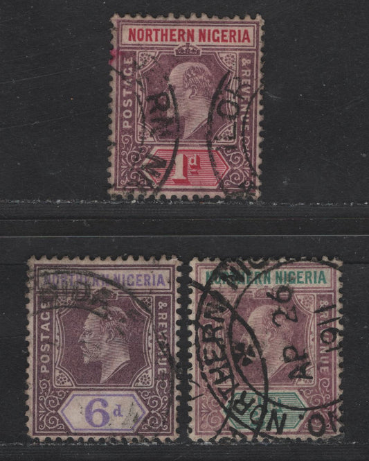 Lot 299 Northern Nigeria SG#20a, 21a, 25 1/2d - 6d Dull Purple & green - Dull Purple & Violet King Edward VII, 1905-1907 King Edward VII Issue, 3 Fine/Very Fine Used Singles, Multiple Crown CA Wmk, 1/2d & 2d On Chalky Paper, 6d On Ordinary.