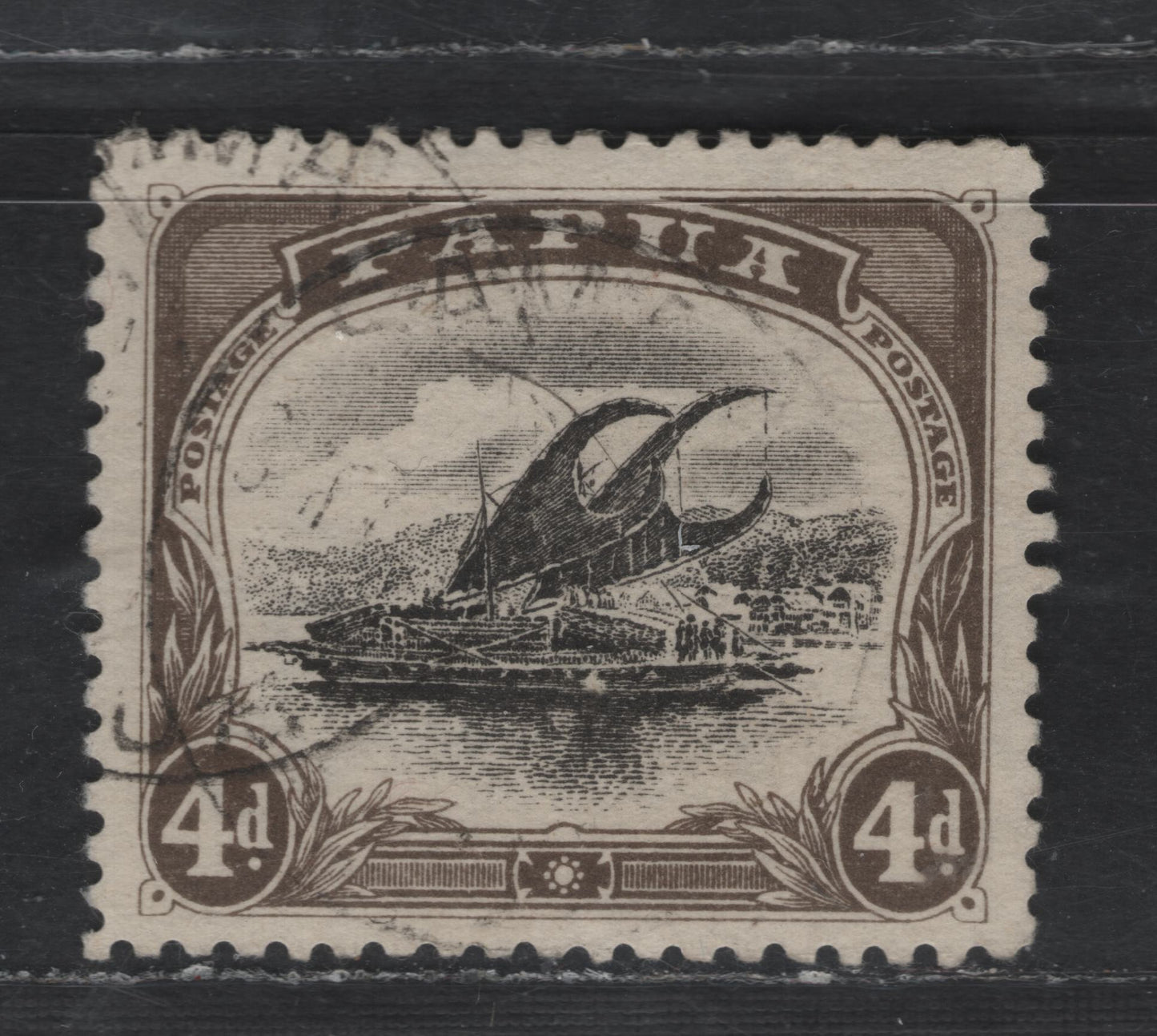 Lot 304  (C) Papua SG#63 4d Black & Sepia Canoe, 1907-1910 Lakatoi Keyplate, A Very Fine Used Single, Double Lined Crown over A Wmk, Perf 11
