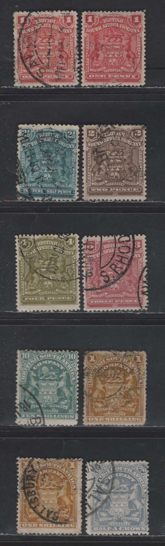 Lot 307 British South Africa Company SG#77-82, 84, d, 85, 89 1d - 10/- Rose - Gray Green Arms, 1898-1908 Arms Issue, 12 Fine/Very Fine Used Singles, Additional Shades