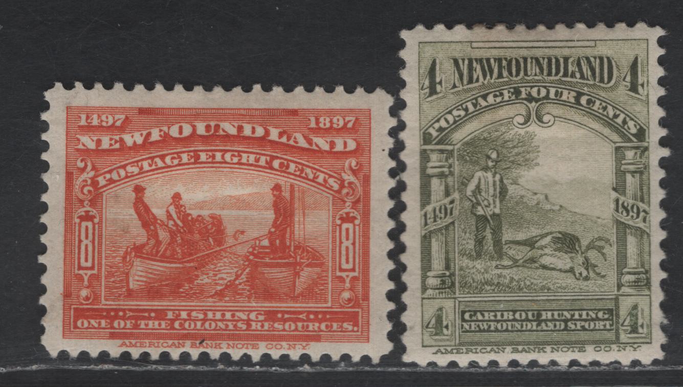 Lot 31 Newfoundland #64, 67 4c - 8c Olive Green - Red Orange Caribou Hunting - Fishing, 1897 Discovery of Newfounfland Issue, 2 VFOG Singles
