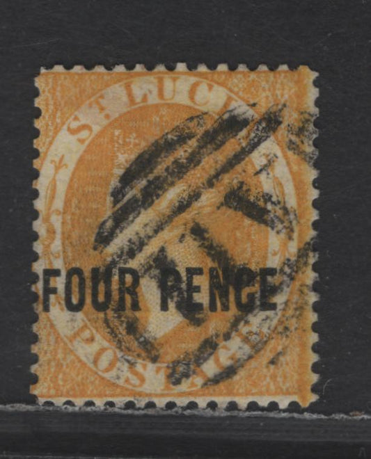Lot 312  (C) St. Lucia SG#27 4d yellow Arms, 1882-1884 Surcharged Issue, A Fine Used Single, Crown CA Wmk, Perf 14
