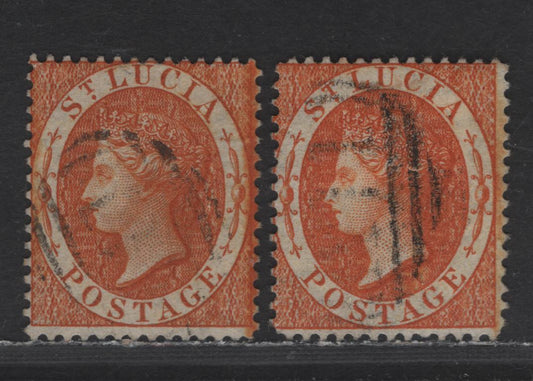 Lot 313 St. Lucia SG#18-a 1/- Orange & Deep Orange Queen Victoria, 1864-1876 Queen Victoria Courbould Head Issue, 2 Fine/Very Fine Used Singles, Crown CC Wmk
