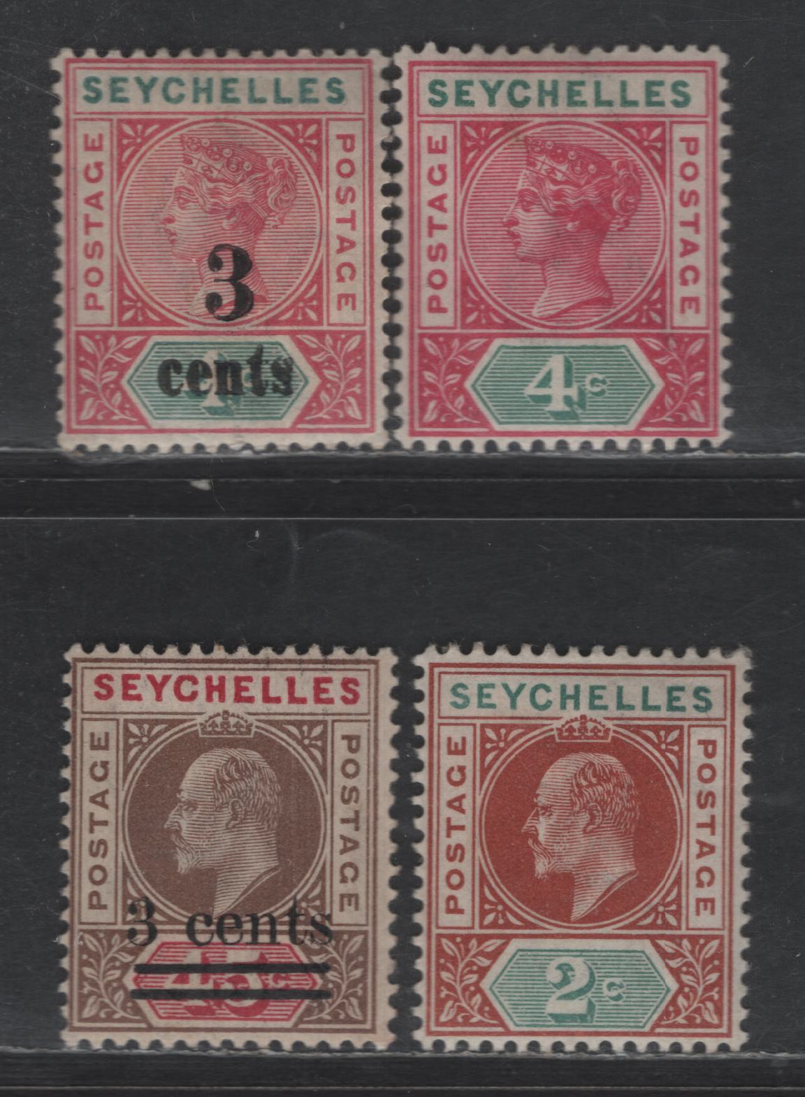 Lot 318 Seychelles SG#10, 15, 46, 59 4c - 3c on 45c Carmine & Green - Brown & Carmine Queen Victoria & Edward VII, 1890-1905 Queen Victoria & Edward VII Keyplates , 4 F/VFOG Singles, Crown CA Wmk