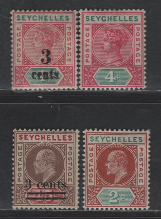 Lot 318 Seychelles SG#10, 15, 46, 59 4c - 3c on 45c Carmine & Green - Brown & Carmine Queen Victoria & Edward VII, 1890-1905 Queen Victoria & Edward VII Keyplates , 4 F/VFOG Singles, Crown CA Wmk