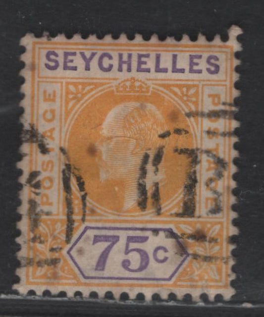 Lot 320 Seychelles SG#68 75c Yellow & Violet King EdwardVII, 1906 King Edward VII Keyplates, A Fine Used Single, Multiple Crown CA Wmk