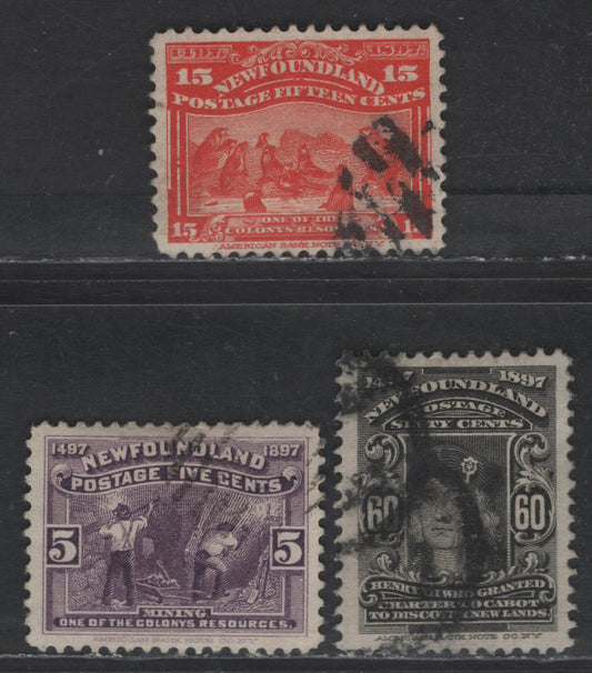 Lot 32 Newfoundland #65, 70, 74 5c - 60c Violet - Black Mining - King Henry VII, 1897 Discovery of Newfounfland Issue, 3 Fine/Very Fine Used Singles