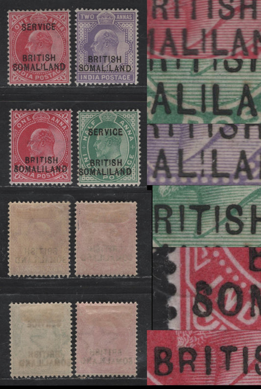 Lot 321 Somaliland SG#26-27, O6-O7 1/2a - 2a Green - Violet King Edward VII, 1903-1904 Service & Niormal Overprinted Issues, 4 F/VFOG Singles, All Showing Short Or Damaged Letters In Overprint