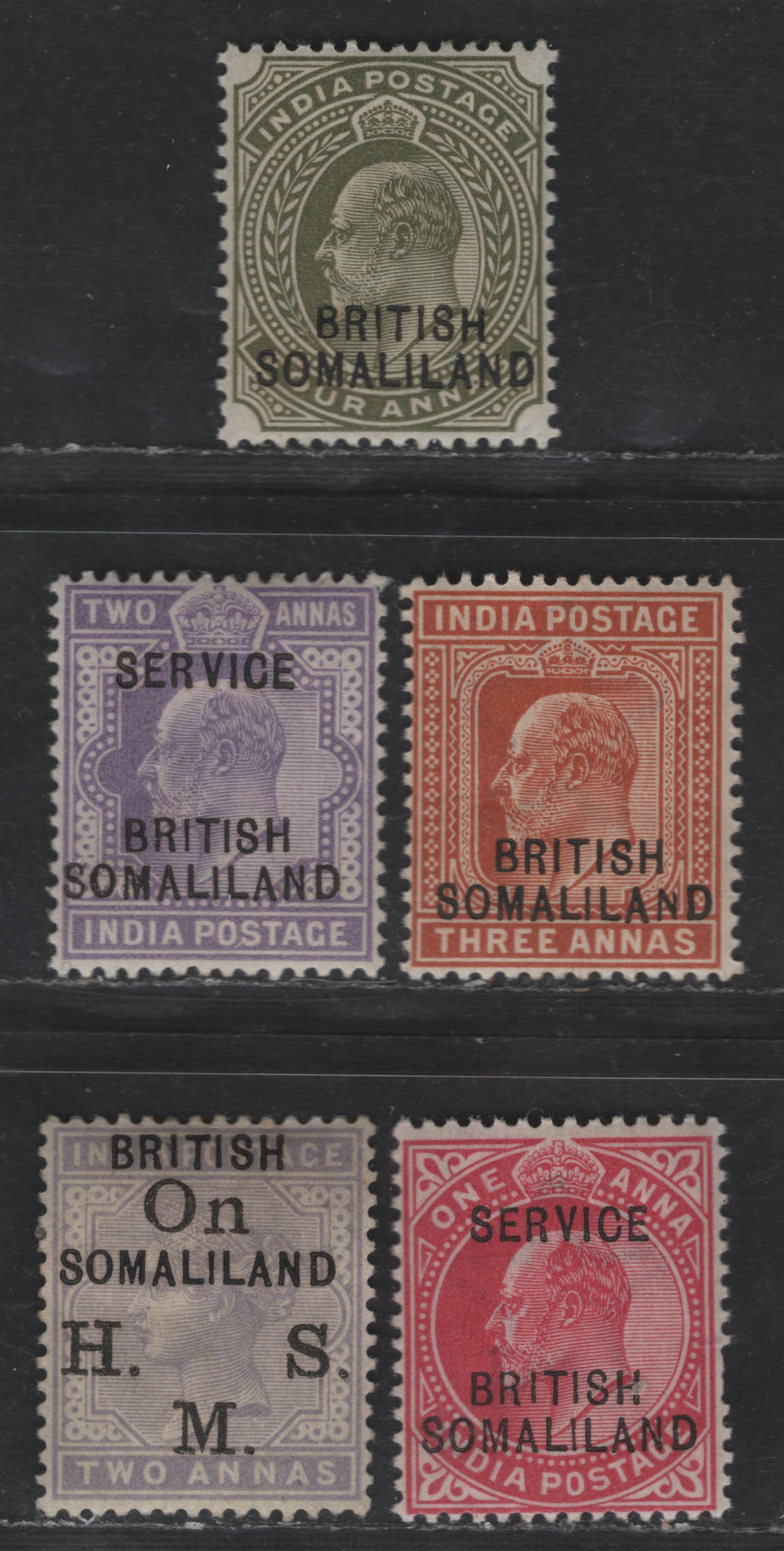 Lot 322 Somaliland SG#28-29, O3, O7-O8 3a - 2a Brown Orange - Violet King Edward VII, 1903 King Edward VII Keyplates, 5 VFOG/NH Singles, 4a Is NH, Rest OG