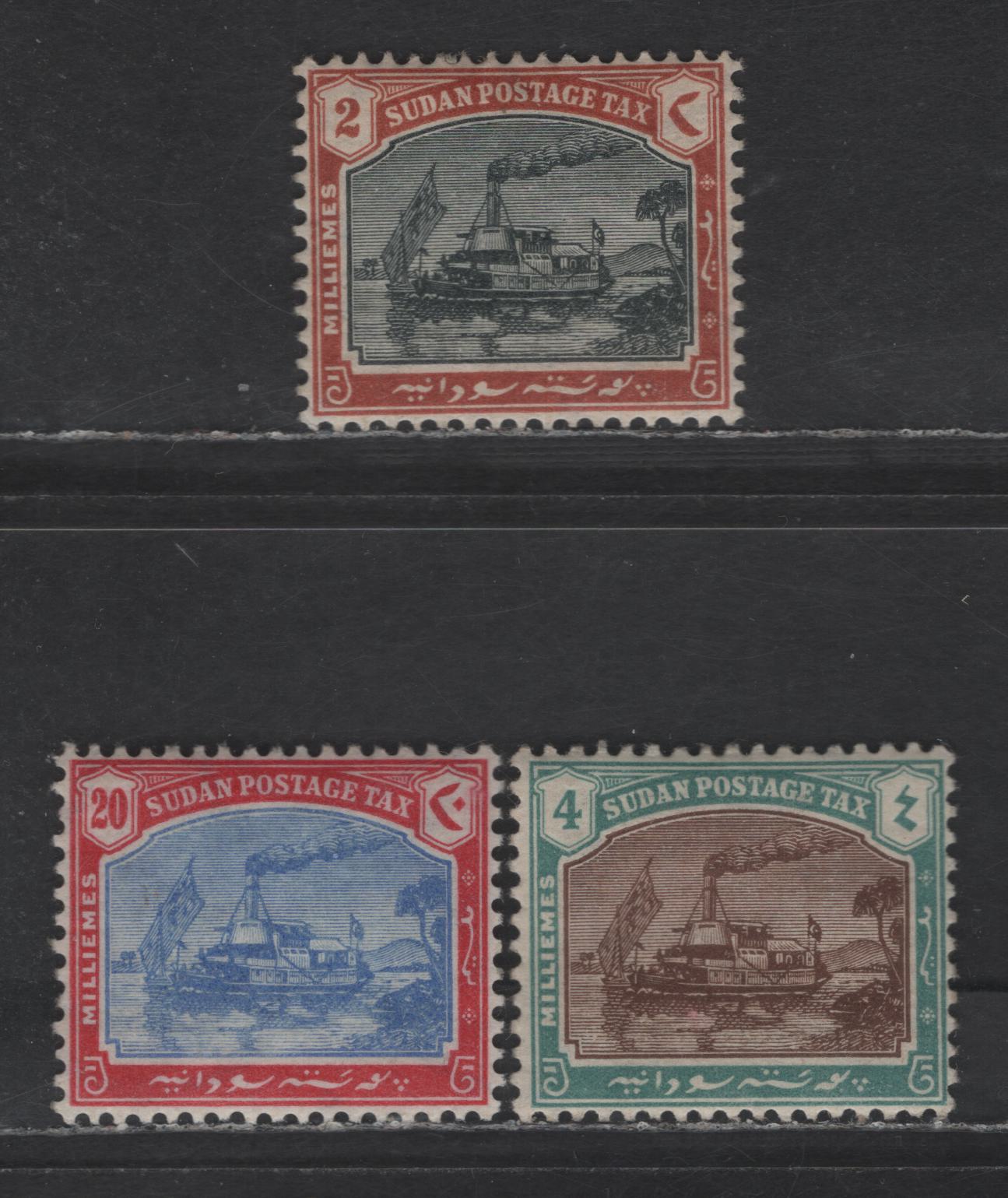 Lot 339 Sudan SG#D5-D6, D8 2m - 20m Black & Orange Brown - Ultramarine & Carmine Gunboat Zafir, 1901-1926 Postage Dues, 3 VFOG Singles, Sideways Multiple Screscent & Star Wmk
