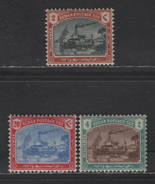 Sudan SG#D5-D6, D8 2m - 20m Black & Orange Brown - Ultramarine & Carmine Gunboat Zafir, 1901-1926 Postage Dues, 3 VFOG Singles, Sideways Multiple Screscent & Star Wmk