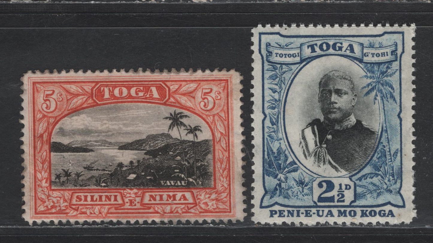 Lot 360 Toga SG#43b, 53a 2 1/2d Black & Blue, 5/- Black & Brown Red, 1897 Pictorial Issue With Wmk Turtles Sideways, 2 F & VF OG Singles