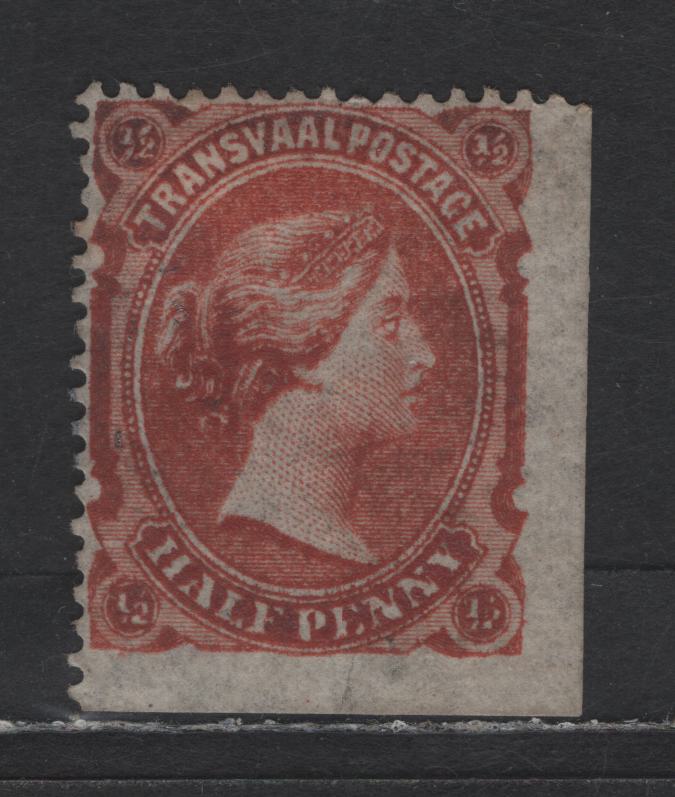 Lot 362 (C) Transvaal SG#133 1/2d Vermilion, 1878-1880 Bradbury Wilkinson Queen Victoria Sidefaces Issue, A FUN Single LR Sheet Margin Example