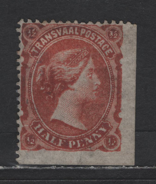 Lot 362 (C) Transvaal SG#133 1/2d Vermilion, 1878-1880 Bradbury Wilkinson Queen Victoria Sidefaces Issue, A FUN Single LR Sheet Margin Example