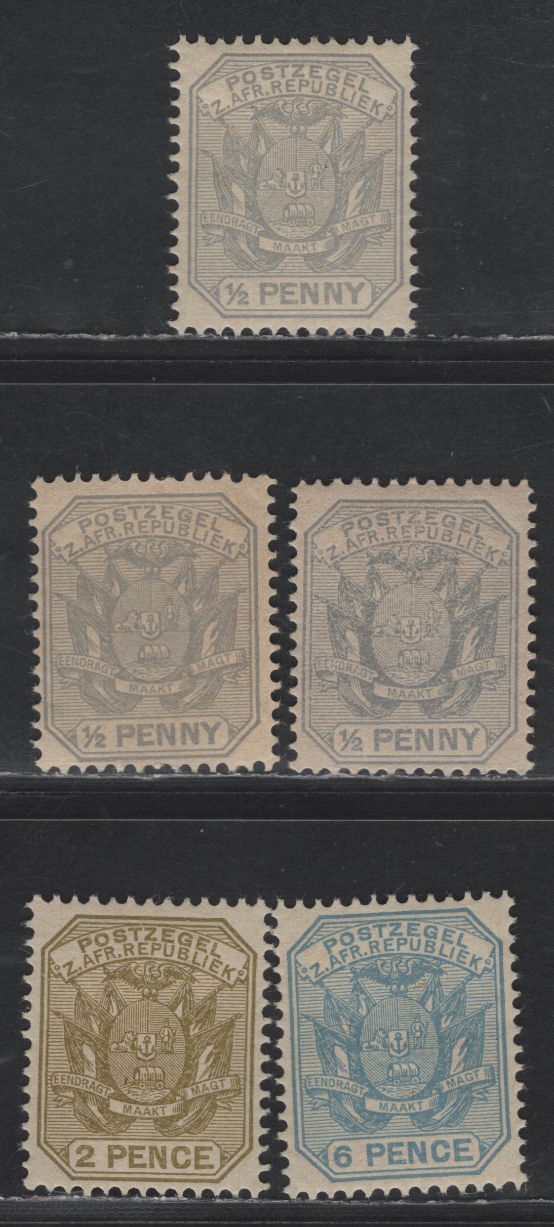 Lot 367 Transvaal SG#200, 202, 203 1/2d Grey, 2d Olive Bistre, 6d Pale Dull Blue, 1894 Wagon With Shafts, Arms Issue, 5 F & VF OG Singles With Three Shades Of 1/d Grey