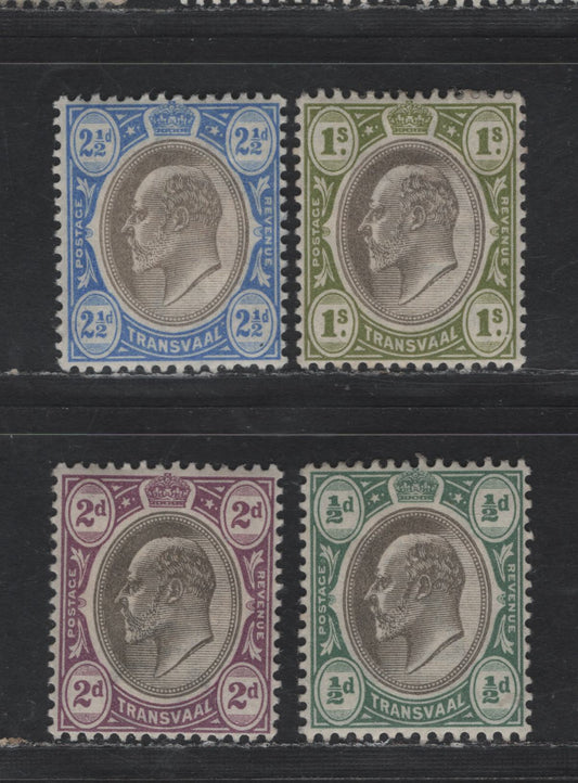 (C) Transvaal SG#244,246, 247, 251 1/2d Black & Bluish, 2 1/2d Black & Blue, 1/- Black & Sage Green, 2d Black & Purple, 1902 King Edward VII Wmk Crown Issue, 4 F & VF OG Singles