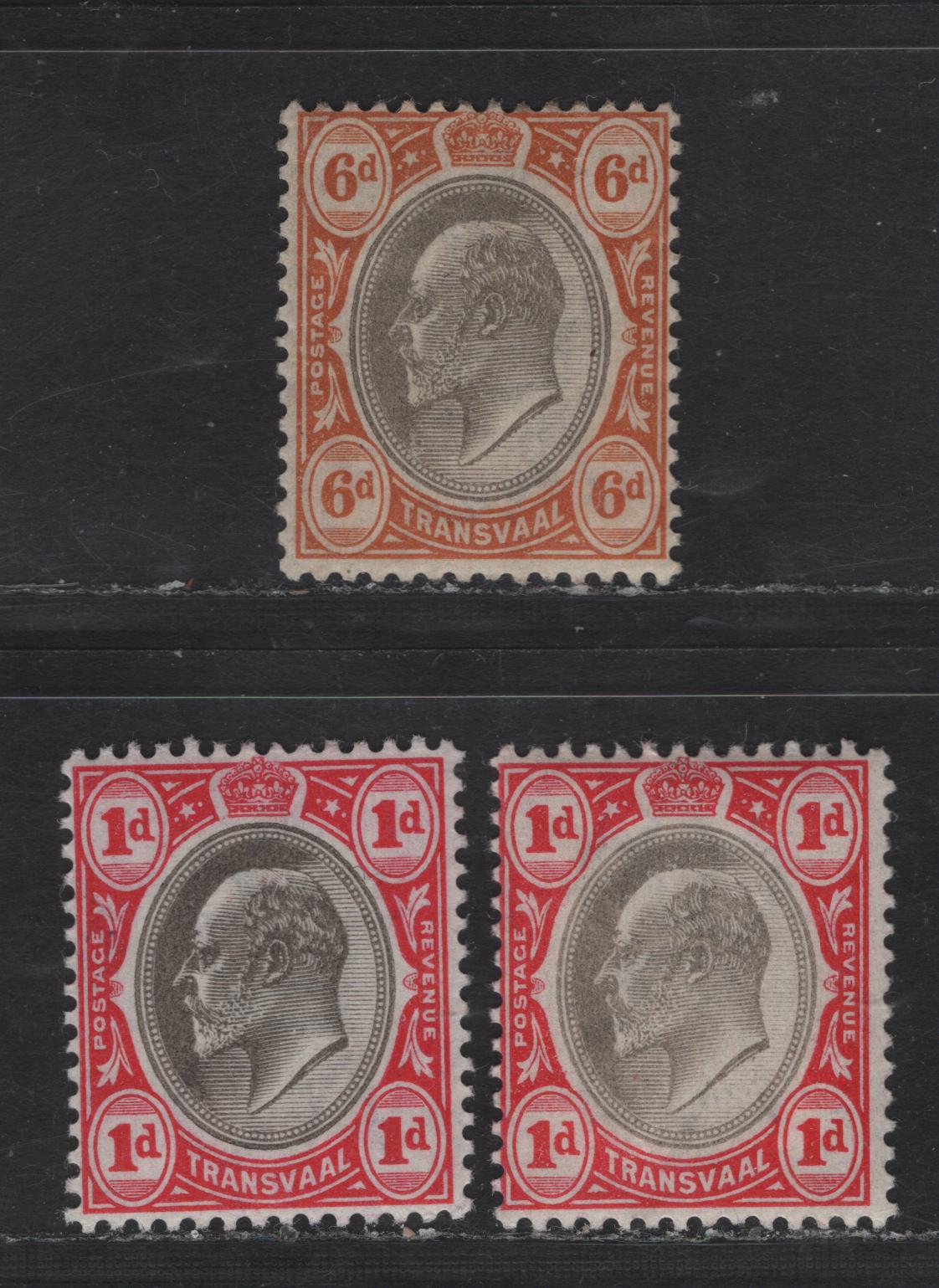 Lot 373 (C) Transvaal SG#245, 250 1d Grey & Carmine, 6d Grey & Orange Brown, 1902-1903 King Edward VII Wmk Crown CA Issue, 3 F & VF OG Singles