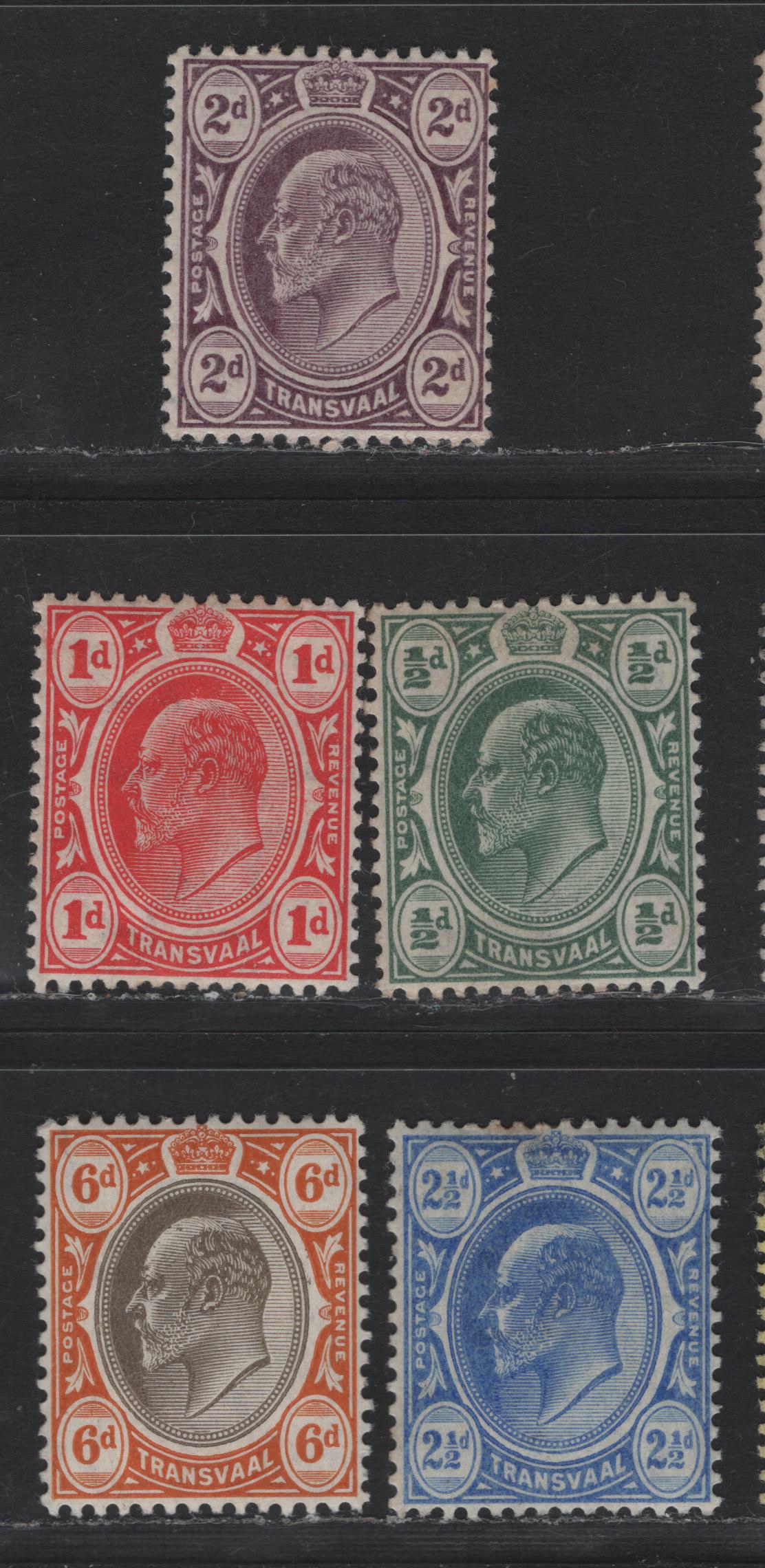 Lot 375 (C) Transvaal SG#266a, 273a, 274-276 6d Black & Orange On Chalky Paper, 1/2d Deep Green - 2 1/2d Bright Blue, 1904-1909 King Edward VII Wmk Multiple Crown CA Issue, 5 VFOG Singles