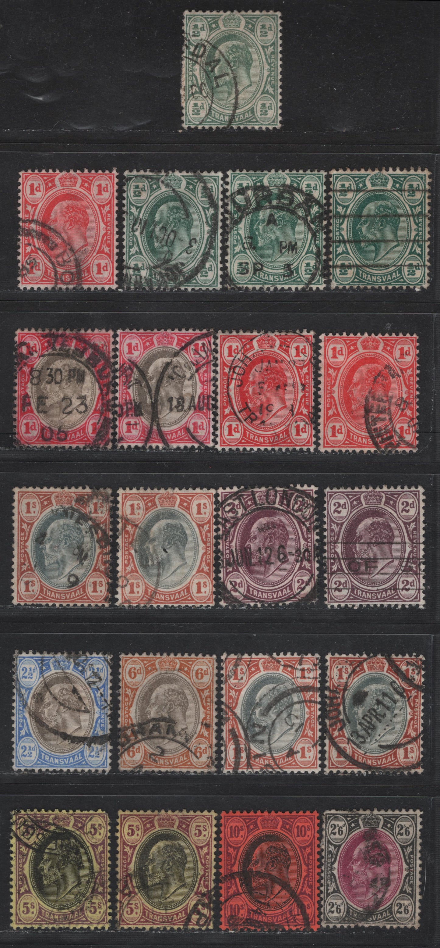 Lot 376 (C) Transvaal SG#261, 263, 266, 267, 269, 270, 271, 273-275 1d Black & Carmine - 10/- Black & Purple On Red, 1904-1909 King Edward VII Wmk Multiple Crown CA Issue, 21 F & VF Used Singles On Ordinary Paper With Shades