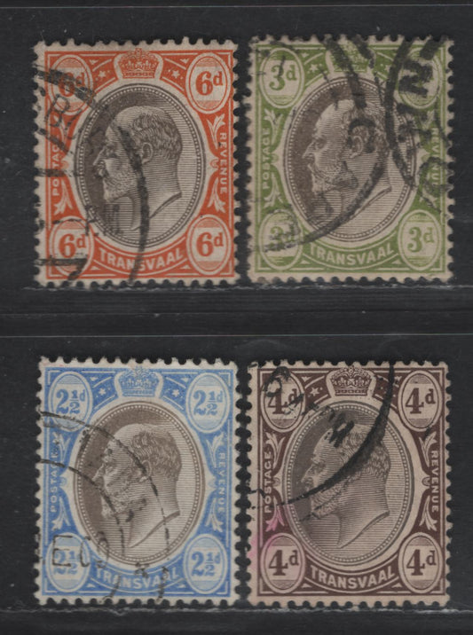 (C) Transvaal SG#263, 266 2 1/2d Black & Blue - 6d Black & Orange On Chalk Surfaced Paper, 1904-1909 King Edward VII Wmk Multiple Crown CA Issue, 4 F & VF Used Singles
