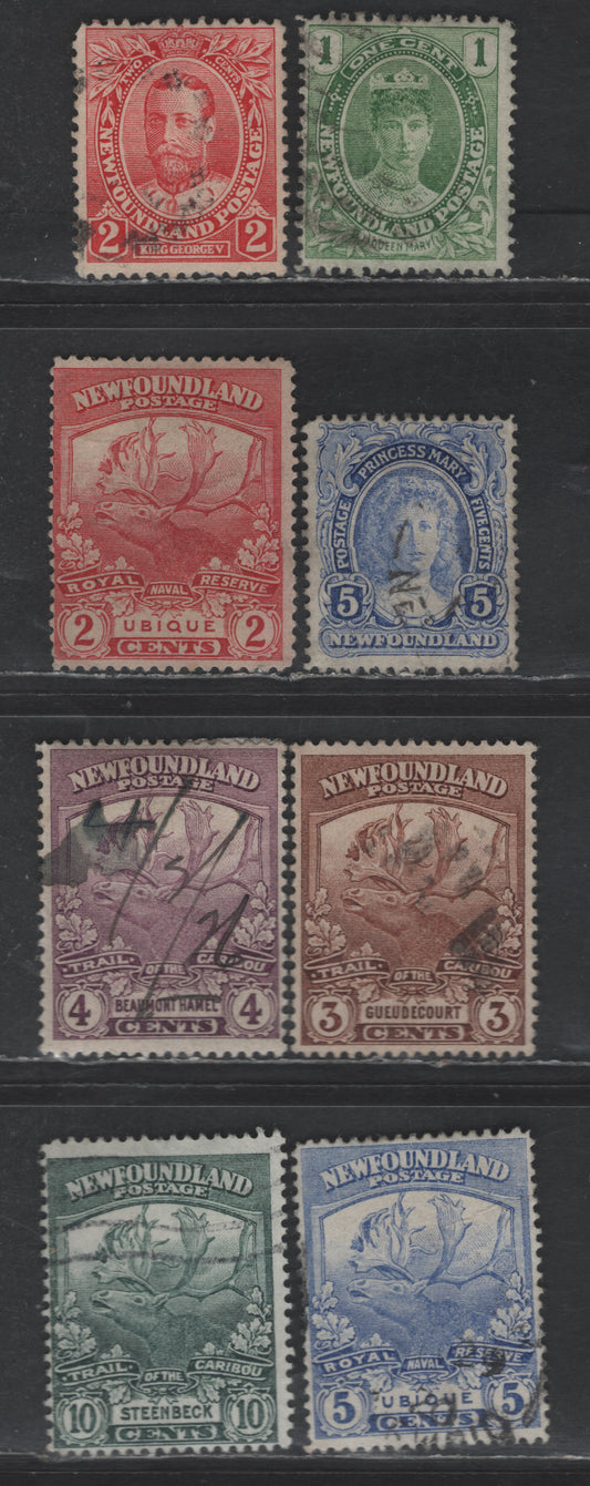 Lot 39 Newfoundland #104-105, 108, 116a, 117-119, 122 1c - 10c Yellow Green - Dark Green Queen Victoria - Steenbeck, 1911-1919 Royal Family - Trail of the Caribou Issues, 8 Fine/Very Fine Used Singles