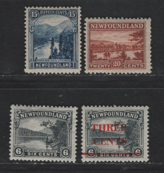 Lot 44 Newfoundland #136, 160, 142-143 6c - 20c Gray - Red Brown Upper Steadies - Humber River, 1923-1929 Pictorial - Surcharge Issues, 4 F/VFOG Singles, Comb Perf 13.5x14 & 15c Dark Blue Is Line Perf 14