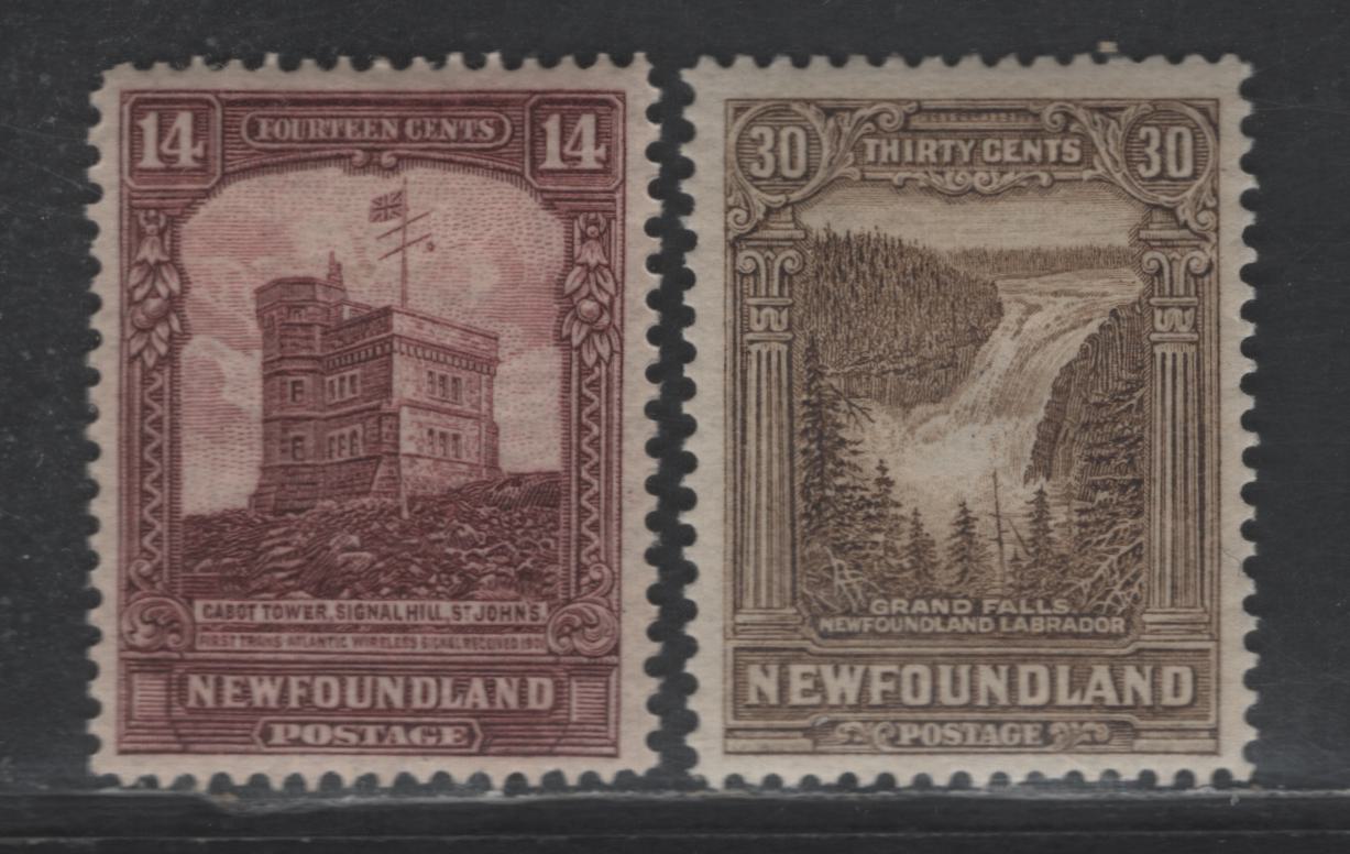 Lot 46 Newfoundland #155, 159 14c - 30c Red Brown - Olive Brown Cabot Tower - General Post Office, 1928 Pictorial Issue, 2 VFOG Singles, Line Perf 14