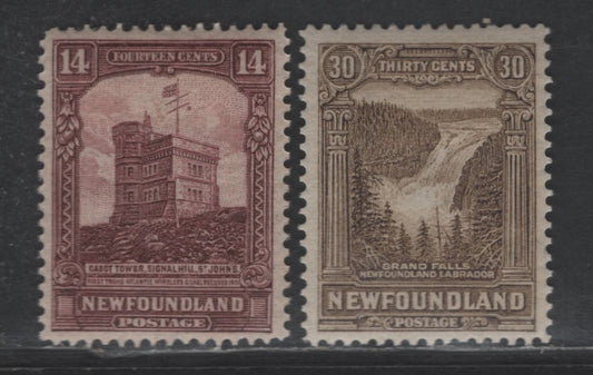 Lot 46 Newfoundland #155, 159 14c - 30c Red Brown - Olive Brown Cabot Tower - General Post Office, 1928 Pictorial Issue, 2 VFOG Singles, Line Perf 14