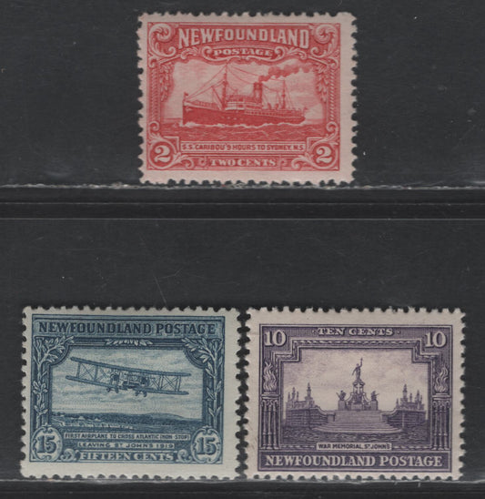 Lot 47 Newfoundland #164, 169-170 2c - 15c Deep Carmine - Deep Blue Steamship Caribou - First NonStop Transatlantic Flight, 1929-1931 Pictorial Issue, 3 FOG Singles, Perkins Bacon Printings, Unwatermarked, Perfs Line 13.75x13.5, Comb 13.75 & 13.75x13.5