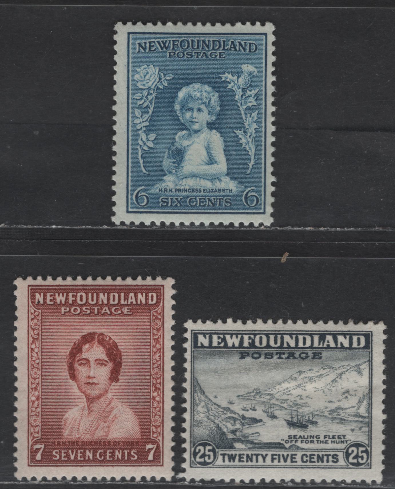 Lot 51 Newfoundland #192, 197, 208 6c - 7c Dull Blue - Red Brown Princess Elizabeth - Duchess of York, 1932 Perkins Bacon Definitive Issue, 3 FOG Singles