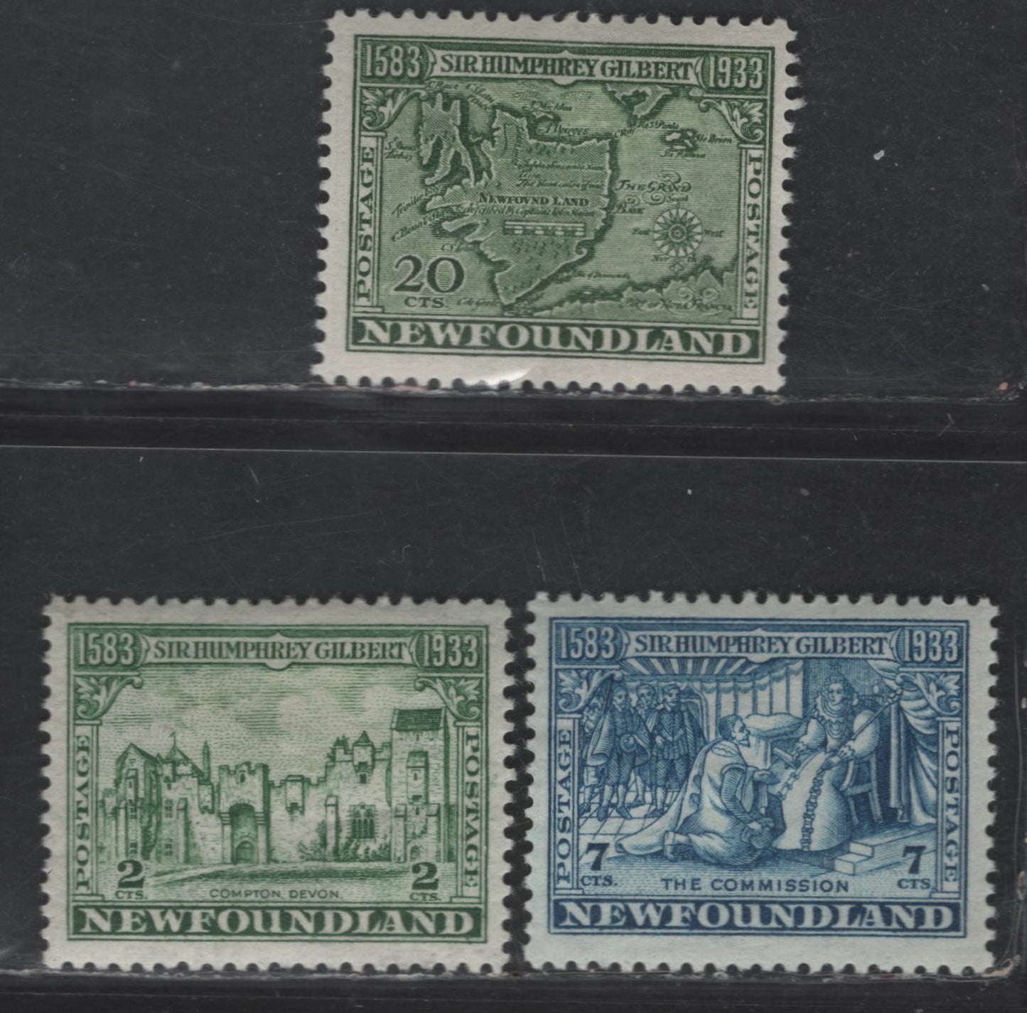 Lot 55 Newfoundland #213, 217, 223 2c - 5c Green - Deep Green Compton Castle - Map of Newfoundland, 1933 Sir Humphrey Gilbert Issue, 3 F/VFOG Singles