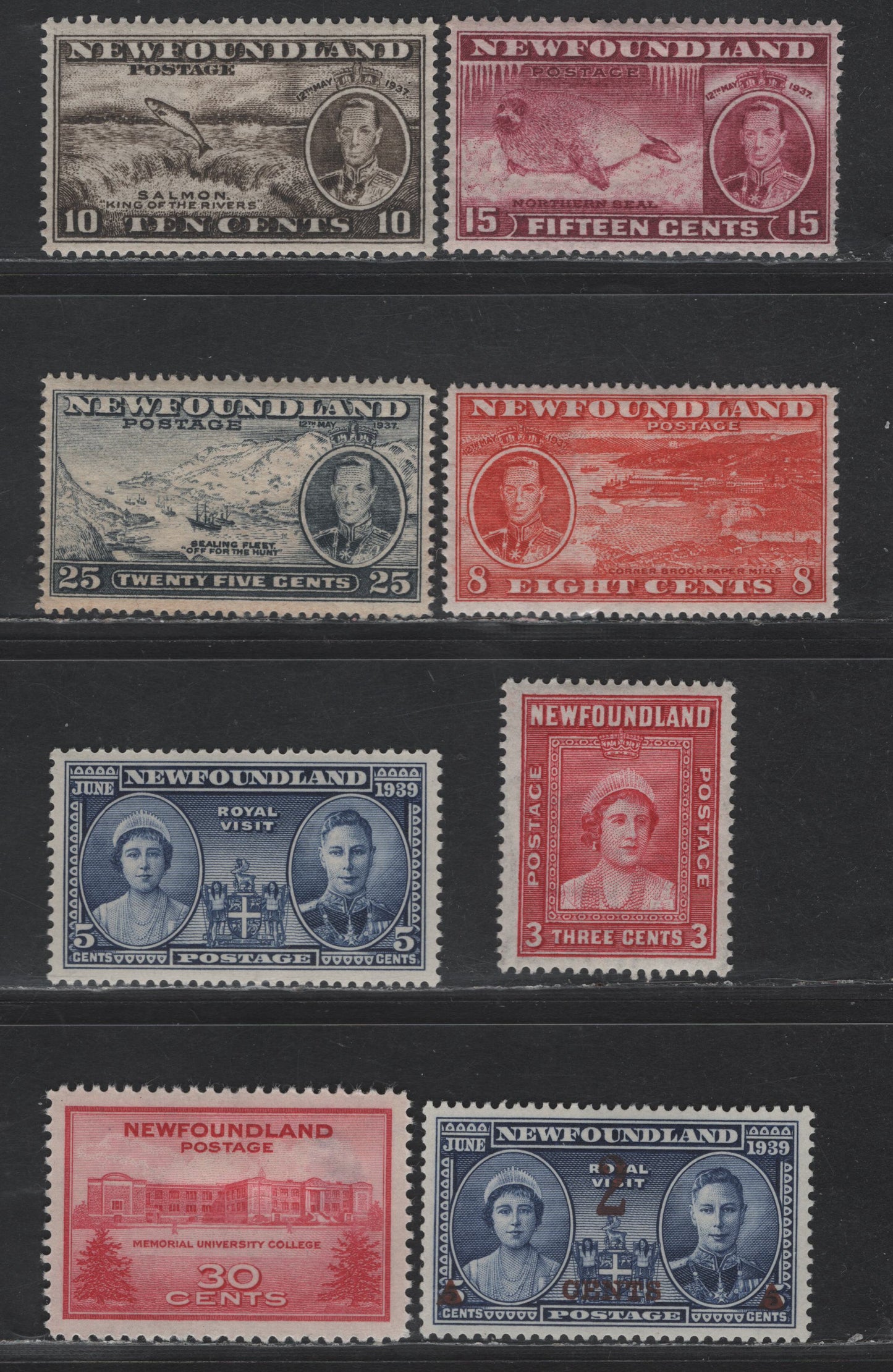 Lot 58 Newfoundland #237b, 239b, 236, 242, 246, 249-250, 267 10c - 30c Deep Olive - Carmine Salmon - Memorial University College, 1937-1943 Long Coronation - University Issues, 8 F/VFOG Singles