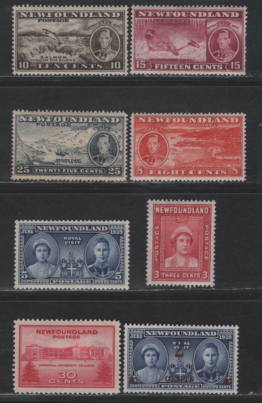 Lot 58 Newfoundland #237b, 239b, 236, 242, 246, 249-250, 267 10c - 30c Deep Olive - Carmine Salmon - Memorial University College, 1937-1943 Long Coronation - University Issues, 8 F/VFOG Singles