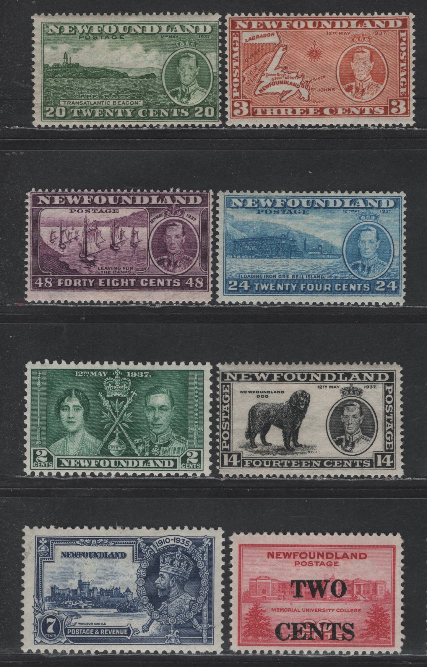 Lot 59 Newfoundland #234g, 238, 240b, 241b, 243, 228, 230, 268 3c - 2c on 30c Orange Brown - Carmine Newfoundland Map - Memorial University, 1937-1943 Long Coronation - University Surcharged Issues, 8 F/VFOG Singles