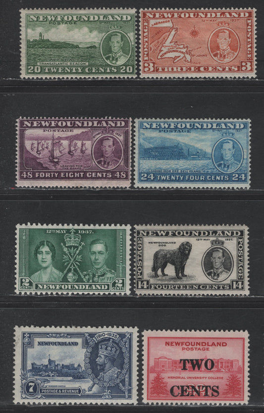 Lot 59 Newfoundland #234g, 238, 240b, 241b, 243, 228, 230, 268 3c - 2c on 30c Orange Brown - Carmine Newfoundland Map - Memorial University, 1937-1943 Long Coronation - University Surcharged Issues, 8 F/VFOG Singles